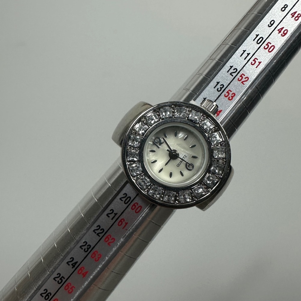 Silver Tone Stainless Steel Crystal Encrusted Quartz Ring Watch w/ Stretchy Band - Picture 6 of 6